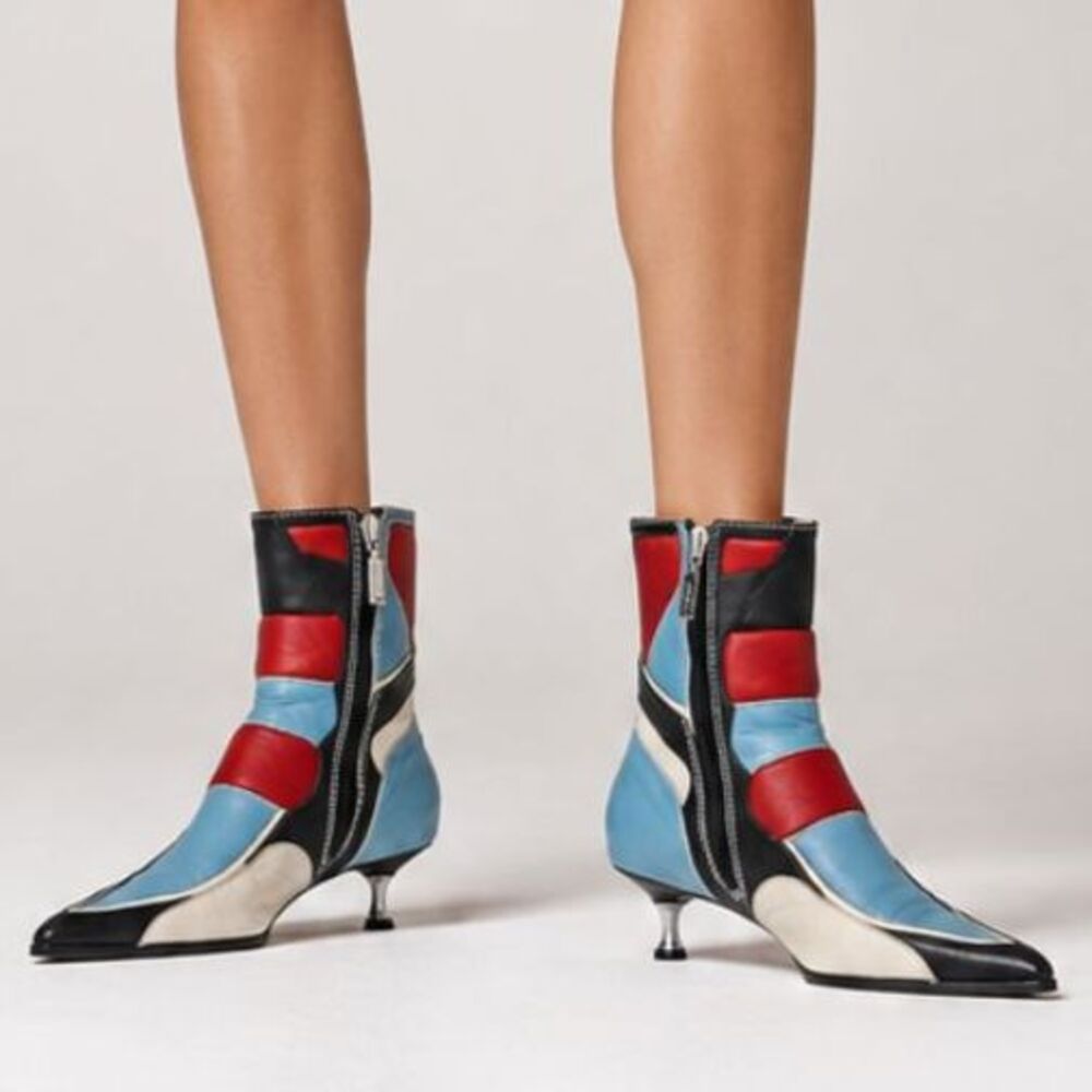 Vintage Y2K Womens Colorblock Leather Western Biker Boots Pointed Toe 37